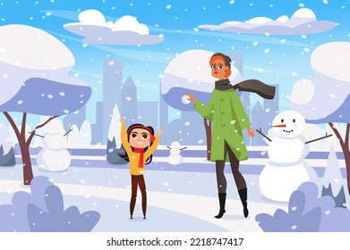 Winter concept with people scene in the background cartoon design. Mom and son plays snowballs and make a snowman. Vector illustration.