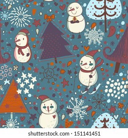 Winter concept seamless pattern with cute funny snowman. Seamless pattern can be used for wallpapers, pattern fills, web page backgrounds,surface textures.