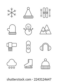 Winter concept simple line icon set. Snowman, snow, gloves, ice, hat, ski, mountain, snow mountain, board, earplugs, cloud, skates, scarf.