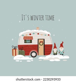 Winter concept with snow-covered trailer with gnome and gifts. Christmas time iluustration for poster, card, print.