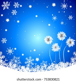 Winter concept vector and illustration with bright blue sky background with snowflakes and snowfall, white winter flower
