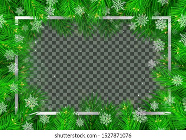 Winter congratulation card layout with christmas tree and snowflakes. Merry Christmas and Happy New Year traditional vector design with copy space. Realistic fir tree branches on transparent backdrop