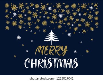 Winter congratulatory card with hand drawn lettering Merry Christmas. Dark background with falling snowflake. Vector illustration
