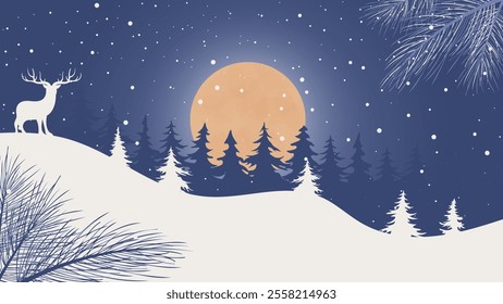 winter coniferous forest in moonlight, tree silhouettes and deer