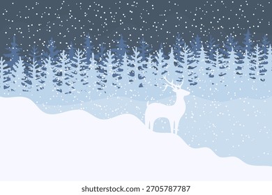 winterlicher Nadelwald mit Piniensilhouetten und Hirschen