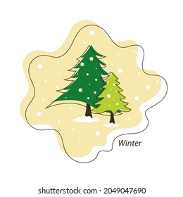 Winter. Coniferous trees and first snow. Cute vector illustration in flat style. Isolated on white background. EPS 10.