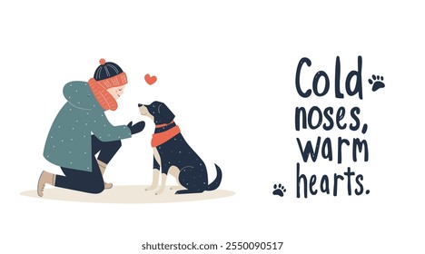 Winter Connection: Boy and Dog and text Cold Noses, Warm Hearts for seasonal designs.