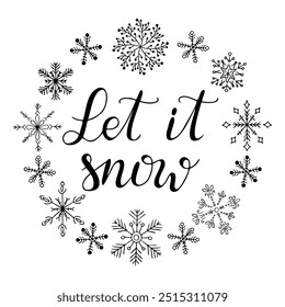 Winter contour doodle snowflakes with calligraphy hand drawn text Let it snow. Monochrome black outline composition or stickers. Vector clipart of sketchy drawings isolated on white background