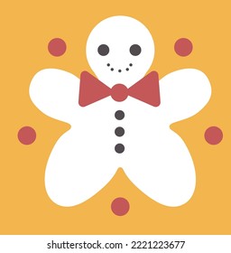 Winter cookie personage with bow and smile on face. Isolated snowman with bowtie and buttons. Xmas and seasonal celebrations. Christmas and new year holidays fun and symbols. Vector in flat style