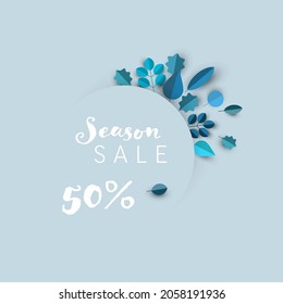 Winter cool minimalist sale circle label made from minimalist leafs with place for your text. Circle fall discount flyer banner social media post status or cover illustration - dark version