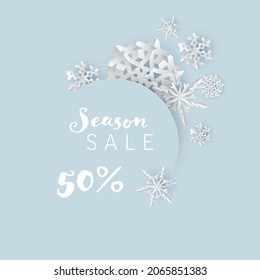 Winter cool minimalist sale circle label made from minimalist paper cut snowflakes with place for your text. Circle winter discount flyer banner social media post status or cover illustration