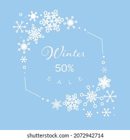 Winter cool minimalist sale circle label made from minimalist snowflakes with place for your text. Hexagon winter discount flyer banner social media post status or cover illustration - light version