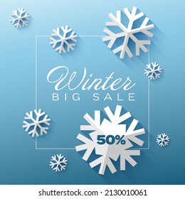 Winter cool minimalist sale circle label made from minimalist paper cut snowflakes with place for your text. Circle winter discount flyer banner social media post status or cover illustration - blue