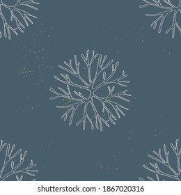 Winter coral snowflakes in batik style seamless pattern. Modern, minimal, versatile, gold speckled background design. Ready to use vector design