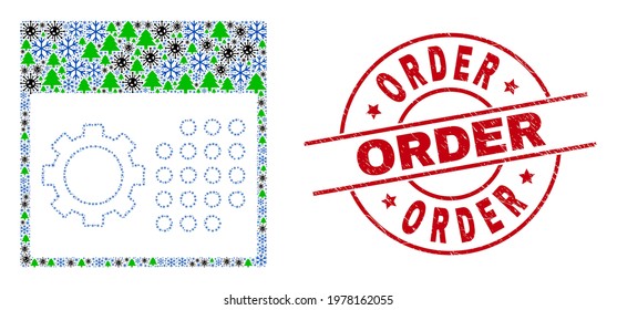 Winter coronavirus collage calendar settings, and scratched Order red round stamp seal. Collage calendar settings is done with flu virus, green tree, and ice crystal items.