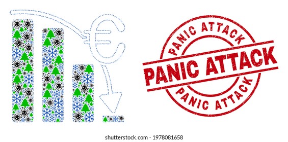 Winter coronavirus collage euro crisis chart, and Panic Attack red round stamp imitation. Mosaic euro crisis chart is composed from infection, forest, and frost symbols.