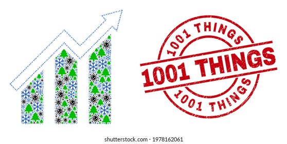 Winter coronavirus collage growing trend chart, and textured 1001 Things red round stamp imitation. Collage growing trend chart is organized with viral, fir-tree, and ice crystal items.