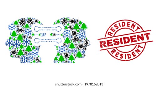 Winter coronavirus collage head links integration, and dirty Resident red round stamp seal. Collage head links integration is constructed of coronavirus, fir-tree, and ice crystal items.