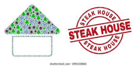 Winter coronavirus collage home, and textured Steak House red round stamp imitation. Collage home is composed with Covid, forest, and frost symbols. Red Steak House stamp seal uses circles and lines.