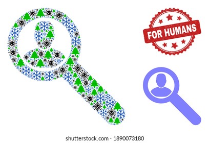 Winter coronavirus collage locate user, and unclean For Humans red rosette watermark. Collage locate user is created of viral, green tree, and snow flake items. Red For Humans stamp uses rosette form.