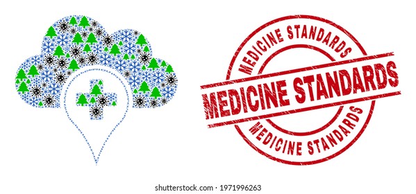 Winter coronavirus collage medical cloud, and rubber Medicine Standards red round stamp imitation. Mosaic medical cloud is formed with coronavirus, fir tree, and snow icons.