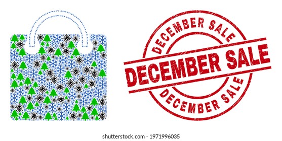 Winter coronavirus collage shopping bag, and December Sale red round stamp imitation. Collage shopping bag is composed of coronavirus, fir-tree, and snow symbols.