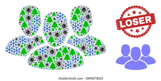 Grupo de usuarios del collage del coronavirus de invierno, y imitación del sello rojo de la rosetenta perdida de socorro. Se crea un grupo de usuarios de redes sociales con símbolos de coronavirus, árbol de abetos y copos de nieve.
