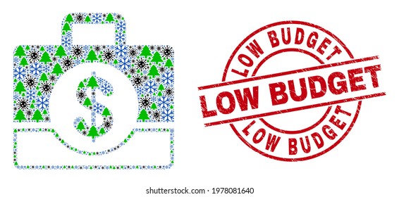 Winter coronavirus combination business case, and distress Low Budget red round stamp. Collage business case is composed from flu infection, fir tree, and snow flake icons.