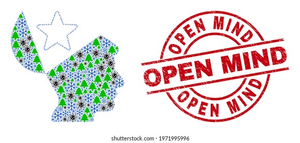 Winter coronavirus combination open mind star, and unclean Open Mind red round stamp seal. Collage open mind star is composed from Corona virus, fir tree, and frost items.