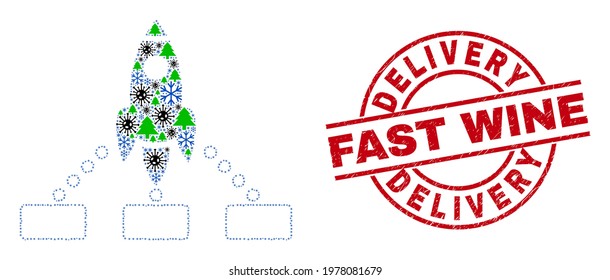 Winter coronavirus combination rocket links, and distress Delivery Fast Wine red round stamp seal. Collage rocket links is created with Corona virus, forest, and frost icons.