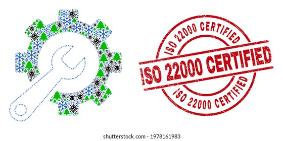 Winter coronavirus combination service tools, and grunge ISO 22000 Certified red round seal. Mosaic service tools is composed with Corona virus, fir tree, and snow items.