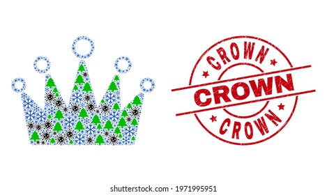 Winter coronavirus composition crown, and dirty Crown red round seal. Collage crown is done with Covid, fir-tree, and ice crystal icons. Red Crown stamp seal uses circles and lines.
