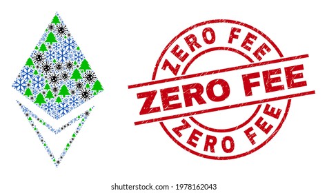 Winter coronavirus composition crystal, and rubber Zero Fee red round stamp. Collage crystal is constructed with Covid, fir tree, and frost icons. Red Zero Fee stamp uses circles and lines.