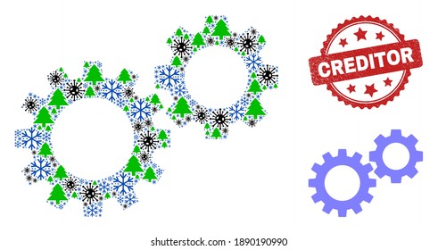 Winter coronavirus composition gearwheels, and unclean Creditor red rosette seal. Collage gearwheels is composed of coronavirus, fir tree, and snowflake symbols. Red Creditor seal uses rosette shape.