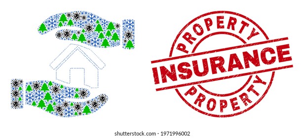 Winter Coronavirus Composition Hands Care Home, And Unclean Property Insurance Red Round Stamp. Collage Hands Care Home Is Made From Coronavirus, Green Tree, And Ice Crystal Icons.