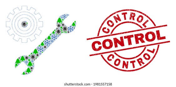 Herramientas de reparación de la composición del coronavirus de invierno y Sello redondo rojo de control. Las herramientas de reparación de colonias se forman con iconos de virus, abetos e copos de nieve. El sello Red Control utiliza círculos y líneas.