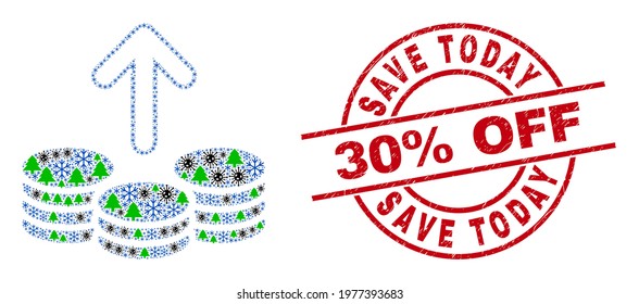 Winter coronavirus composition spend coins, and scratched Save Today 30 percent Off red round stamp seal. Collage spend coins is created from Covid, fir tree, and snow flake items.