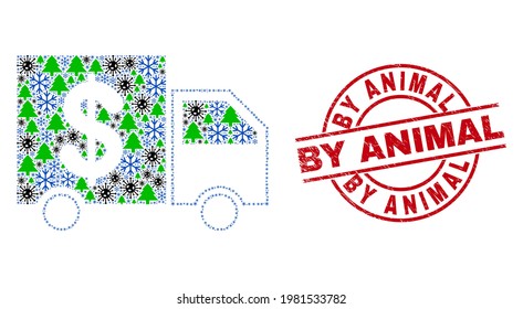 Winter coronavirus mosaic banking delivery, and grunge By Animal red round stamp imitation. Mosaic banking delivery is composed from Corona virus, forest, and snow icons.