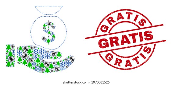 Winter coronavirus mosaic financial service hand, and scratched Gratis red round seal. Mosaic financial service hand is formed of Covid-2019, fir tree, and frost icons.