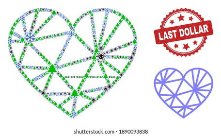 Winter coronavirus mosaic frame mesh love heart, and distress Last Dollar red rosette seal. Mosaic frame mesh love heart is formed with virus, fir tree, and snow items.