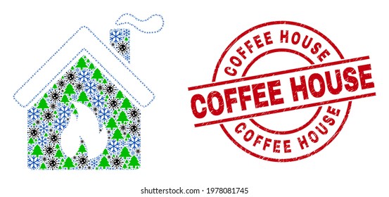 Winter coronavirus mosaic kitchen building, and Coffee House red round stamp seal. Collage kitchen building is organized of flu virus, fir tree, and ice crystal symbols.