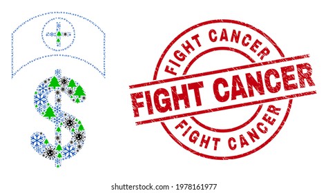 Winter coronavirus mosaic medicine price, and unclean Fight Cancer red round stamp seal. Collage medicine price is designed from infection, fir tree, and snow symbols.