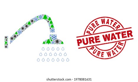 Winter coronavirus mosaic shower, and distress Pure Water red round stamp print. Collage shower is designed of flu virus, forest, and frost symbols. Red Pure Water stamp seal uses circles and lines.