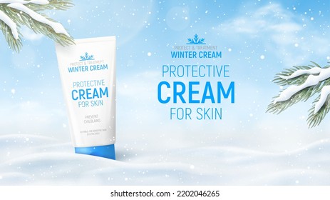 Winter cosmetic ad banner template. Realistic winter landscape with tube of winter cream on snow. Vector 3d ad illustration for promotion of goods and cosmetic.