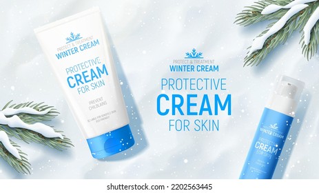 Winter cosmetic ad banner template. Top view on tube and bottle of winter cream and fir tree branches on snow. Vector 3d ad illustration for promotion of goods and cosmetic.