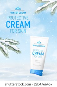 Winter cosmetic ad banner template. Realistic winter landscape with tube of winter cream on snow. Vector 3d ad illustration for promotion of goods and cosmetic.