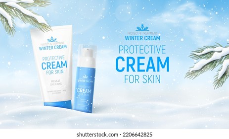 Winter cosmetic ad banner template. Realistic winter landscape with tube and bottle of winter cream on snow. Vector 3d ad illustration for promotion of goods and cosmetic.