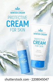 Winter cosmetic ad banner template. Top view on tube and bottle of winter cream and fir tree branches on snow. Vector 3d ad illustration for promotion of goods and cosmetic.