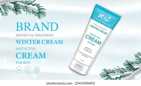 Winter cosmetic ad banner template. Top view on tube and bottle of winter cream and serums on snow. Vector 3d ad illustration for promotion of goods and cosmetic.