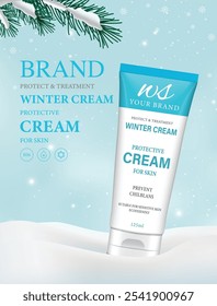 Winter cosmetic ad banner template. Realistic winter landscape with tube of winter cream on snow. Vector 3d ad illustration for promotion of goods and cosmetic.